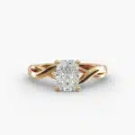A close-up view of a radiant cut diamond ring 3 carat, highlighting the elegant twist in the 14k yellow gold band.