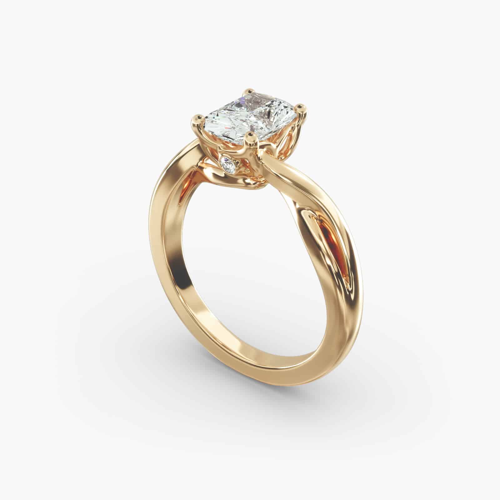 A close-up view of a radiant cut diamond ring 3 carat, highlighting the elegant twist in the 14k yellow gold band.