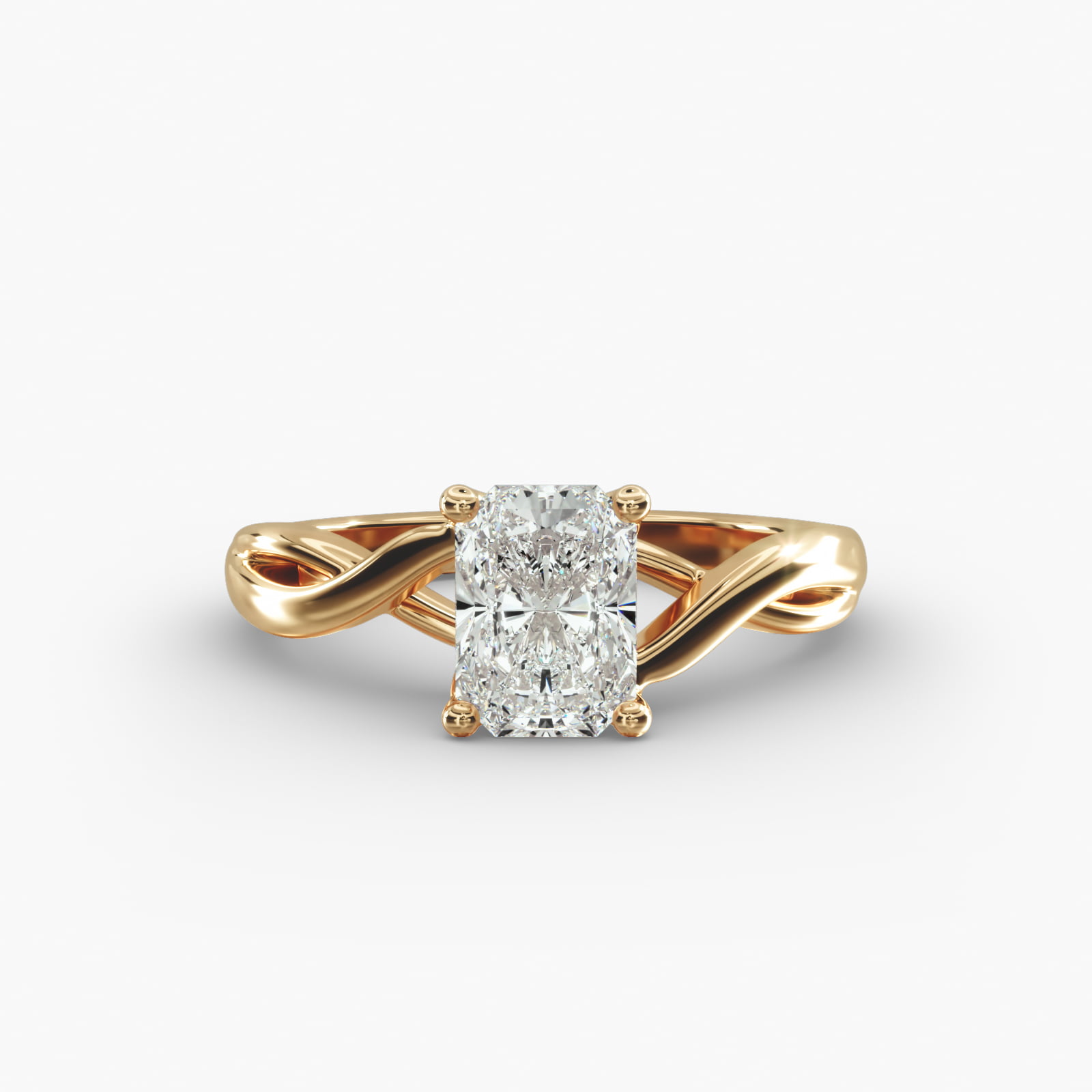 A close-up view of a radiant cut diamond ring 3 carat, highlighting the elegant twist in the 14k yellow gold band.