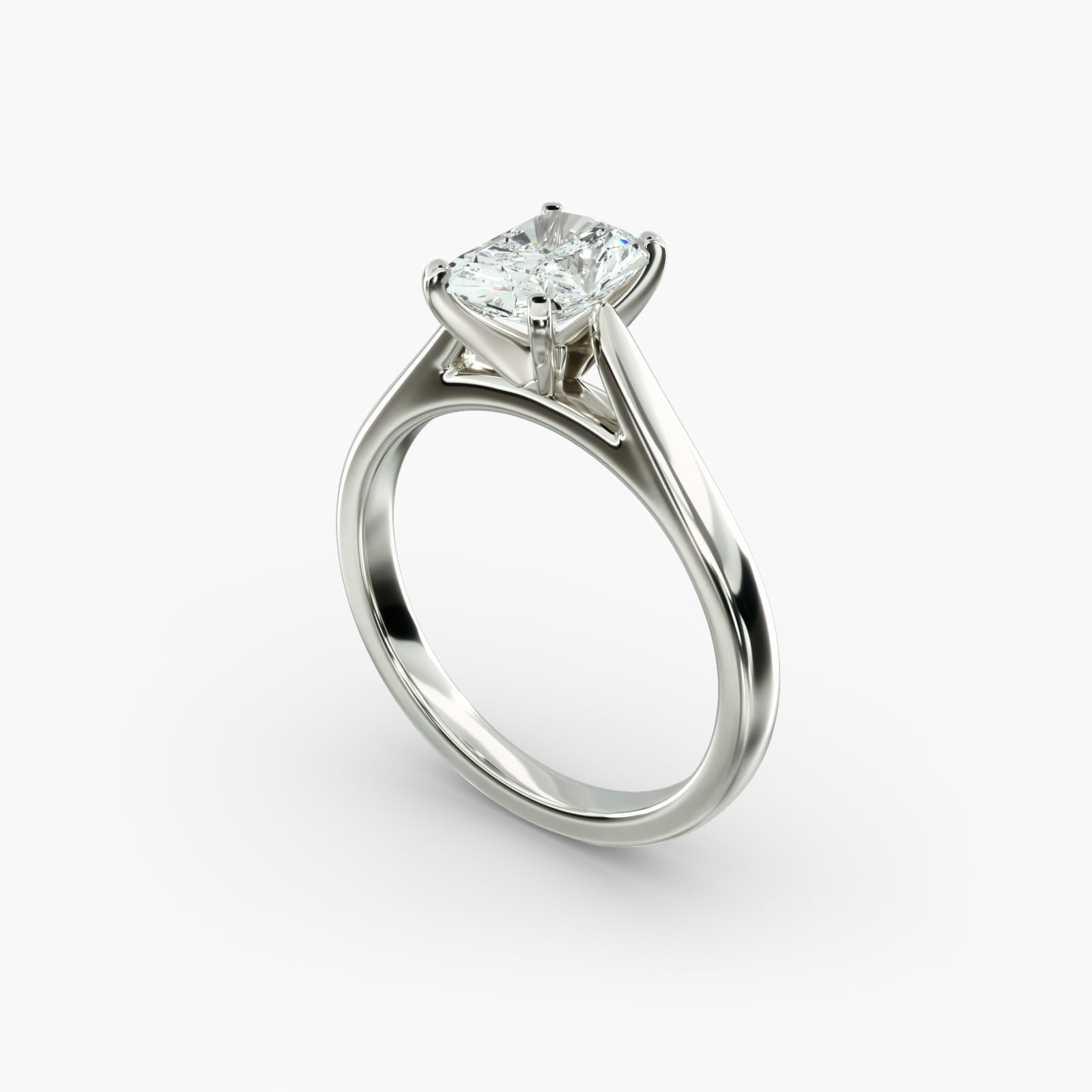 A close-up side view of a 4 carat radiant cut diamond ring, highlighting the secure prongs and the tapered 14k white gold band.