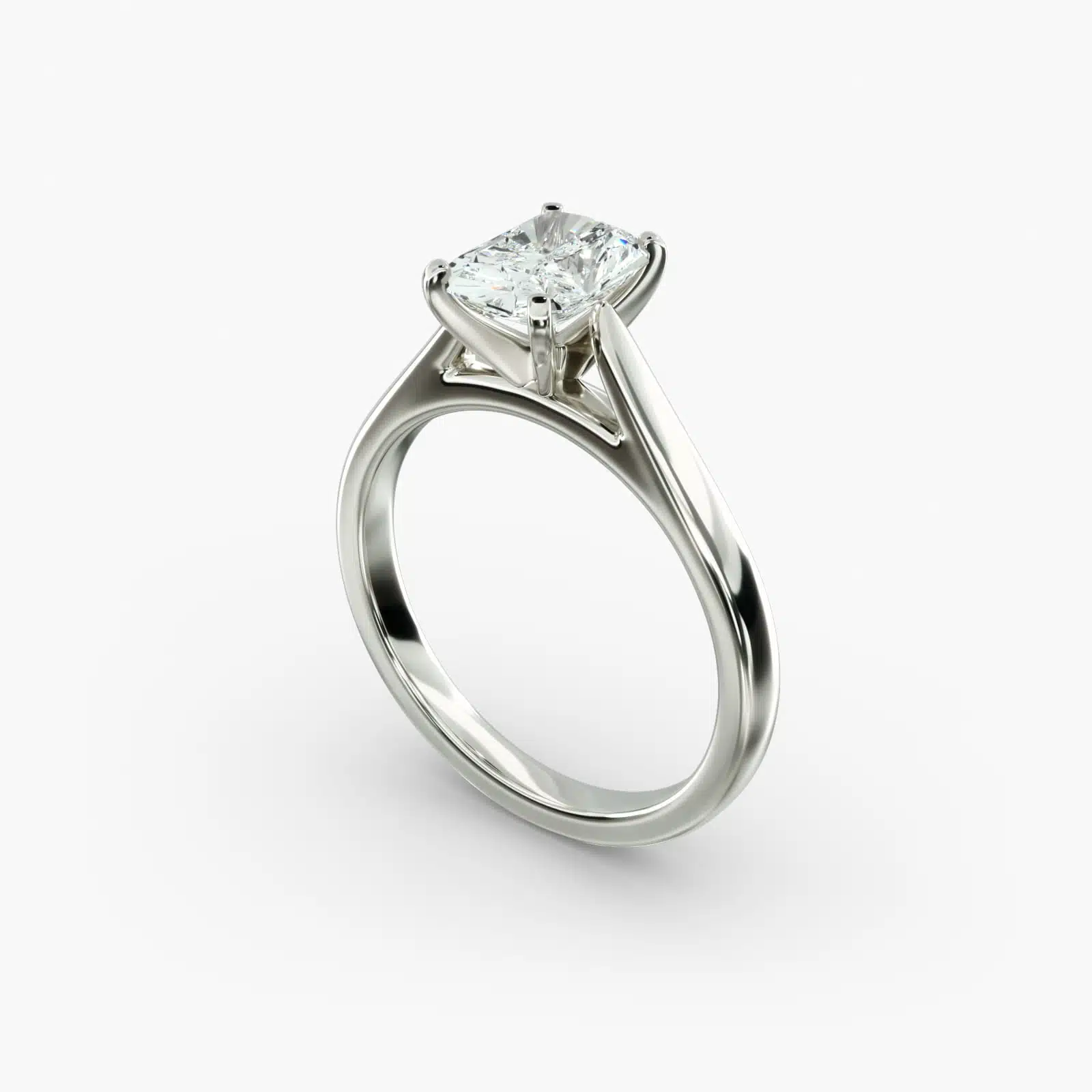 A close-up side view of a 4 carat radiant cut diamond ring, highlighting the secure prongs and the tapered 14k white gold band.