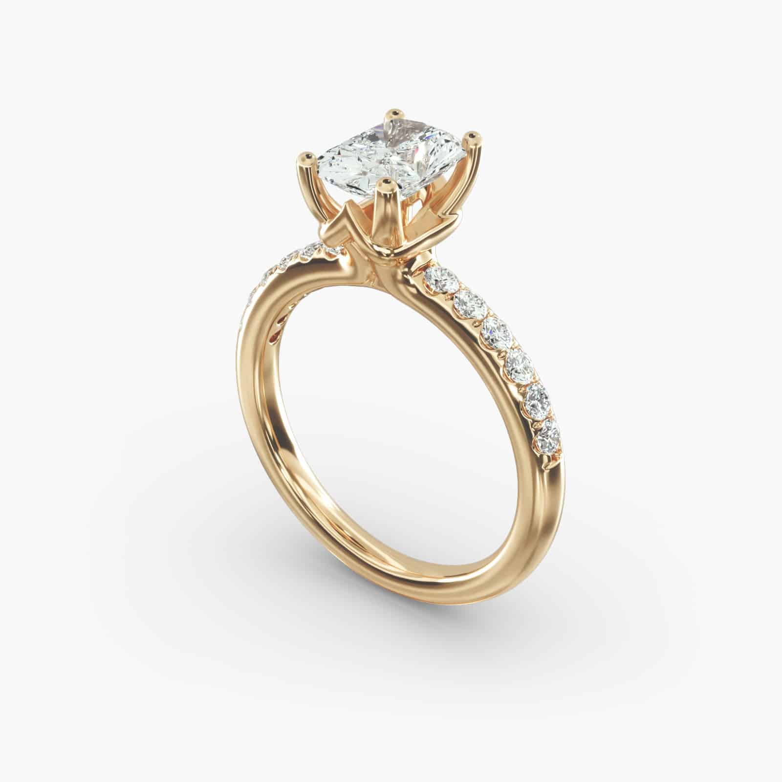 A close-up side view of a 3ct radiant cut diamond ring, showcasing the narrow 1.80mm yellow gold band and the subtle micropavé sparkle.