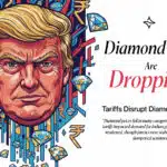 A vibrant, stylized illustration of Donald Trump's face on the left, surrounded by falling diamonds and Indian rupee symbols. On the right, large text reads "Diamond Prices Are Dropping" and a smaller heading says, "Tariffs Disrupt Diamond Markets." A paragraph below explains that U.S. tariffs on Indian goods caused diamond prices to fall in August.