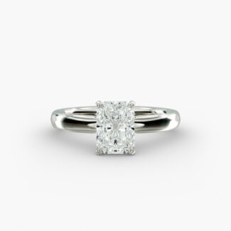 A close-up side view of a 5 ct radiant cut diamond ring, showcasing the durable 2.50mm Platinum Comfort Fit band.