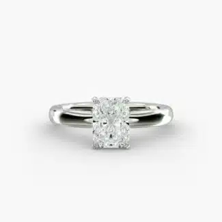 A close-up side view of a 5 ct radiant cut diamond ring, showcasing the durable 2.50mm Platinum Comfort Fit band.