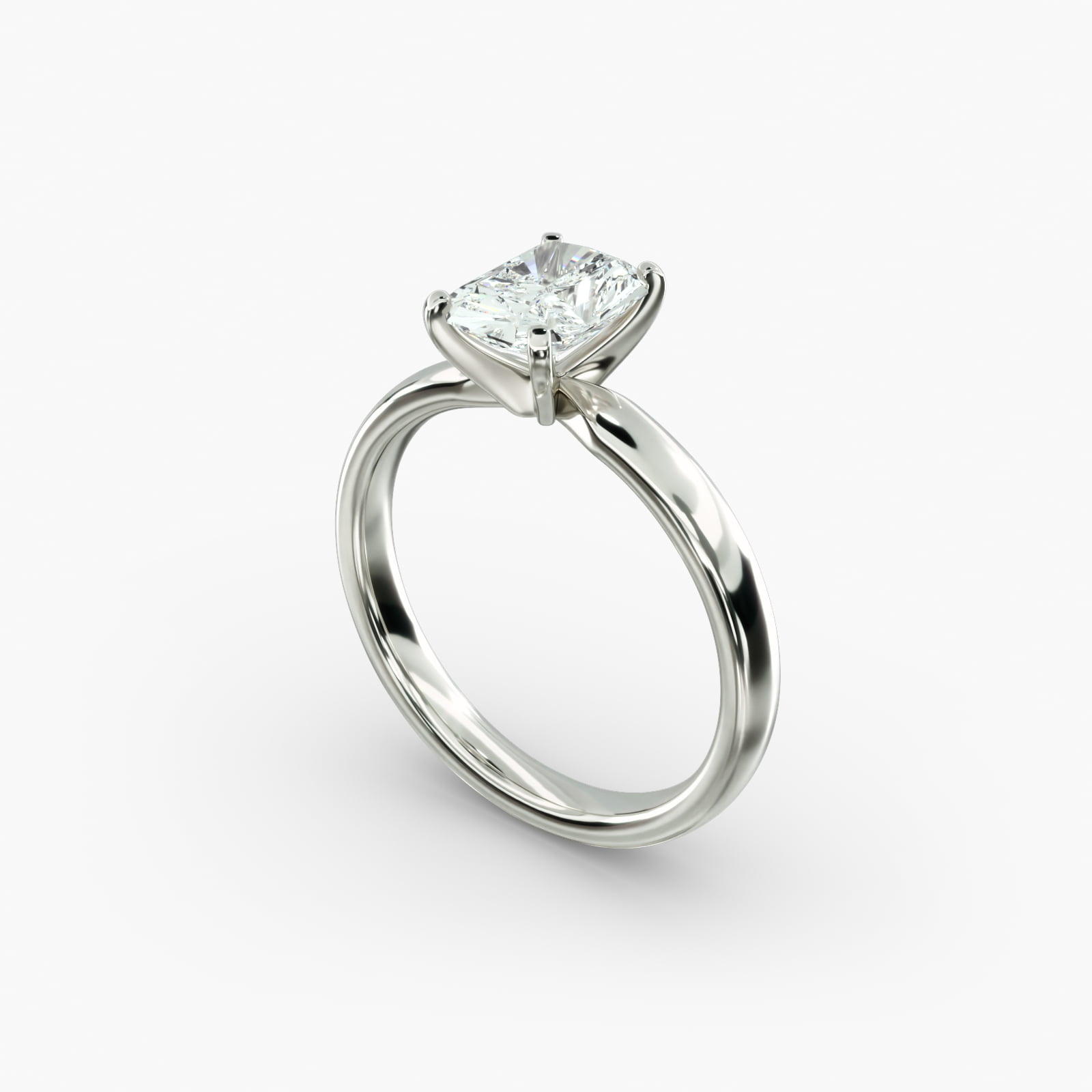 A close-up side view of a 5 ct radiant cut diamond ring, showcasing the durable 2.50mm Platinum Comfort Fit band.