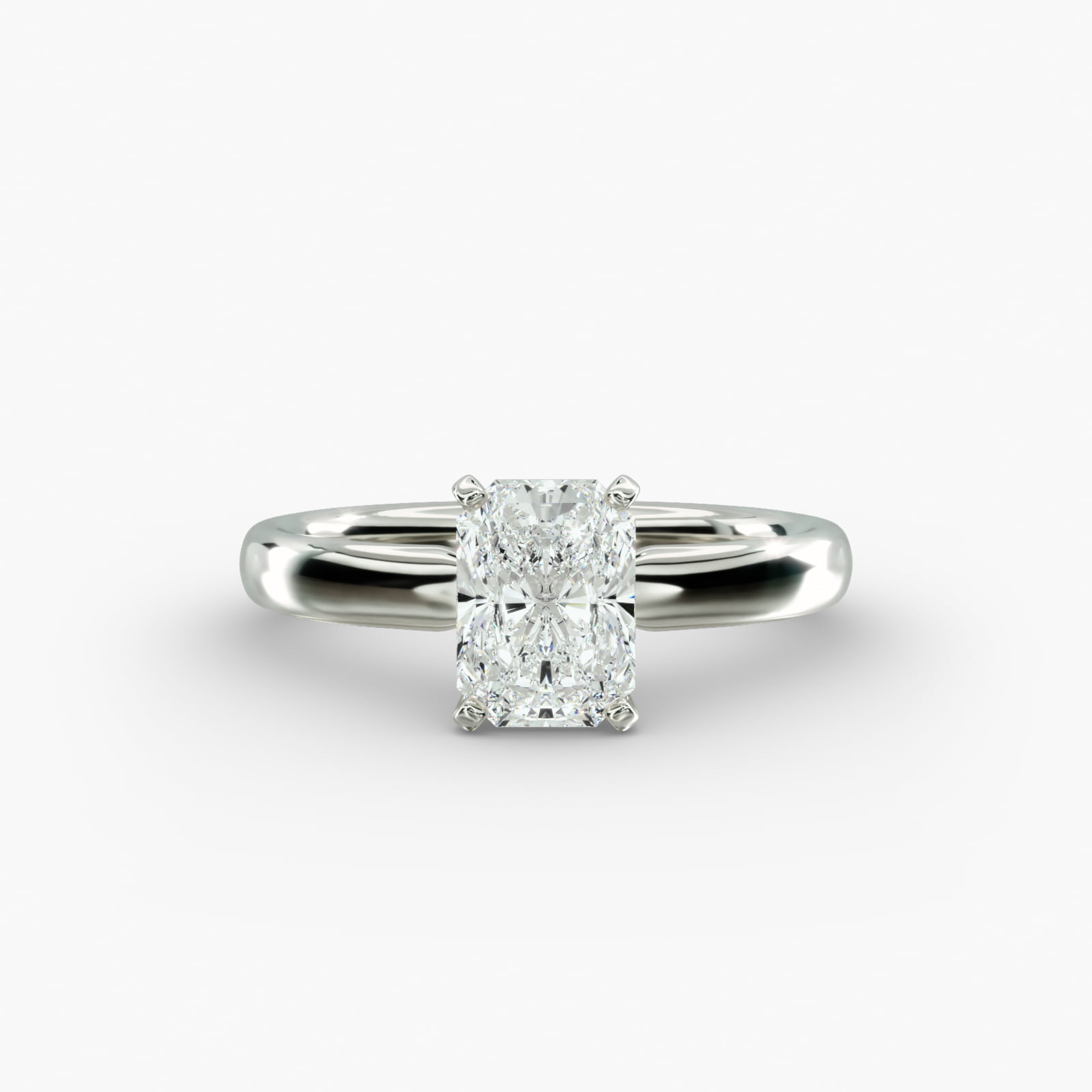 A close-up side view of a 5 ct radiant cut diamond ring, showcasing the durable 2.50mm Platinum Comfort Fit band.