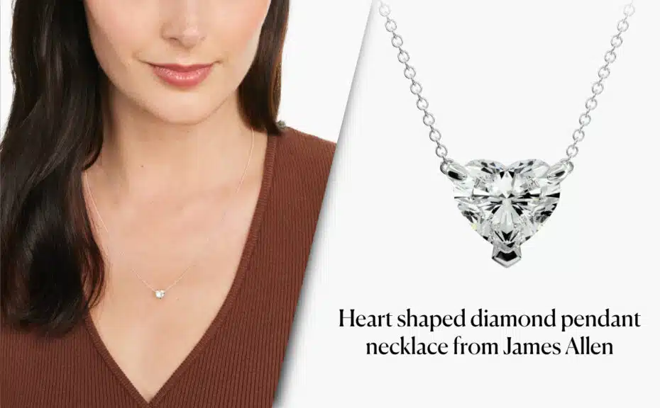 A split-screen image. On the left, a woman is wearing a delicate silver or white gold chain with a heart-shaped diamond pendant resting on her collarbone. On the right, a close-up, high-resolution shot of the heart-shaped diamond pendant shows its brilliant facets and classic three-prong setting. The necklace is a heart-shaped diamond pendant from James Allen.