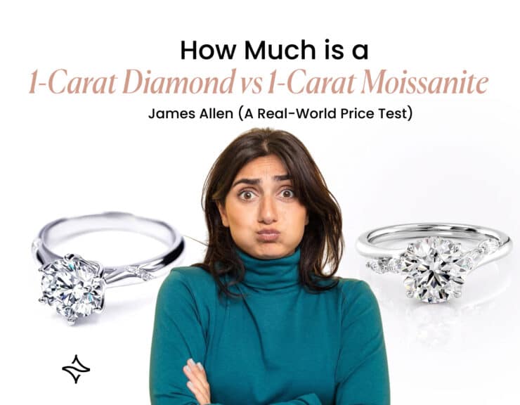 Feature image for a blog post titled "How Much is a 1-Carat Diamond vs 1-Carat Moissanite." The image shows a woman with a confused expression, standing between a 1-carat diamond ring on her left and a 1-carat moissanite ring on her right, visually representing the comparison.