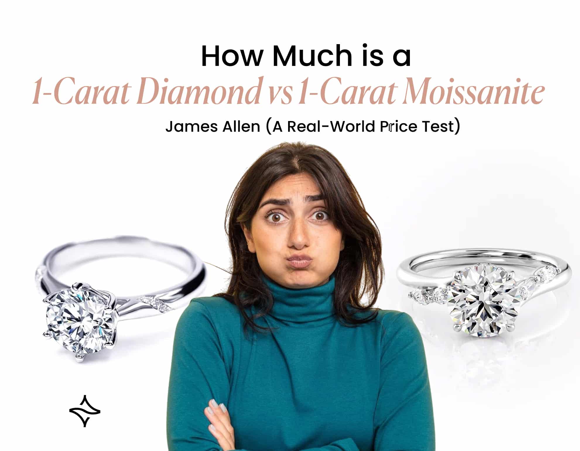 Feature image for a blog post titled "How Much is a 1-Carat Diamond vs 1-Carat Moissanite." The image shows a woman with a confused expression, standing between a 1-carat diamond ring on her left and a 1-carat moissanite ring on her right, visually representing the comparison.