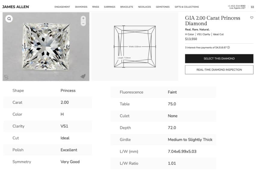 The main product page for the $13,550 James Allen 2.00 Carat H-VS1 princess diamond, highlighting the high-definition 360-degree inspection video alongside its key specifications.
