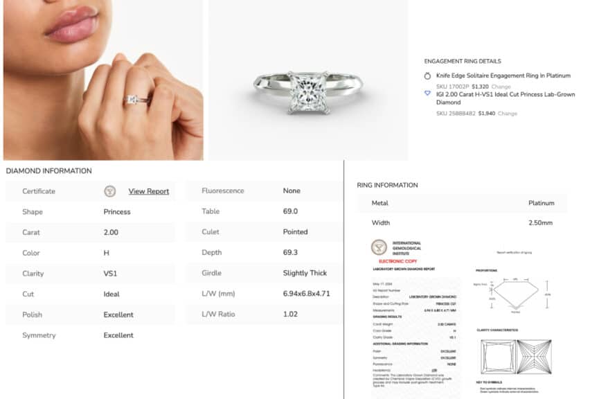 A detailed screenshot showing the components of a completed James Allen lab diamond ring, which consists of a 2.00 carat H-VS1 stone for $1,940 and a platinum setting for $1,320, for a total of $3,260.