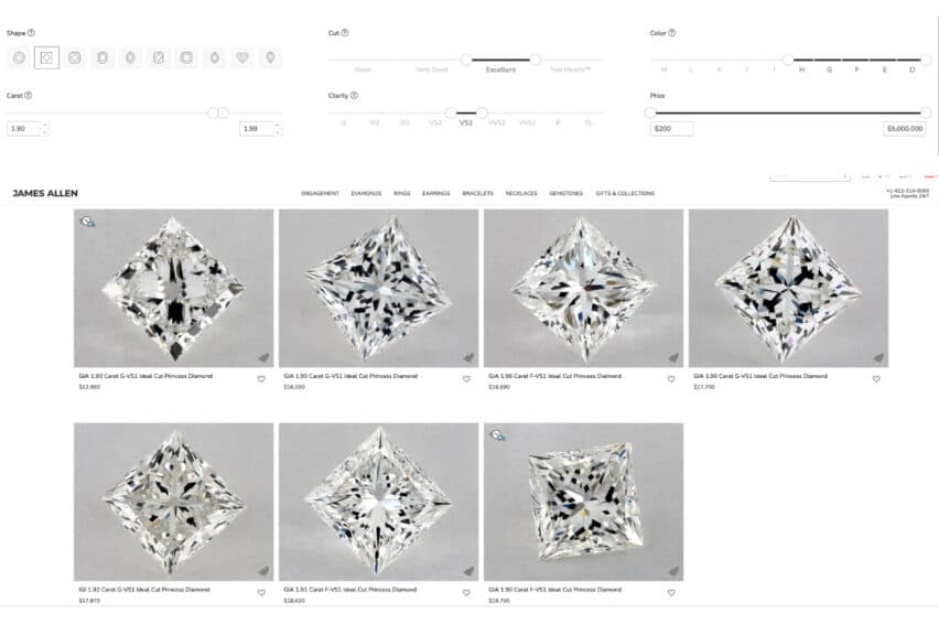 A screenshot of James Allen's diamond search results for natural princess cut diamonds between 1.90 and 1.99 carats, demonstrating the "buy shy" strategy and showing various price points for G and F color stones.