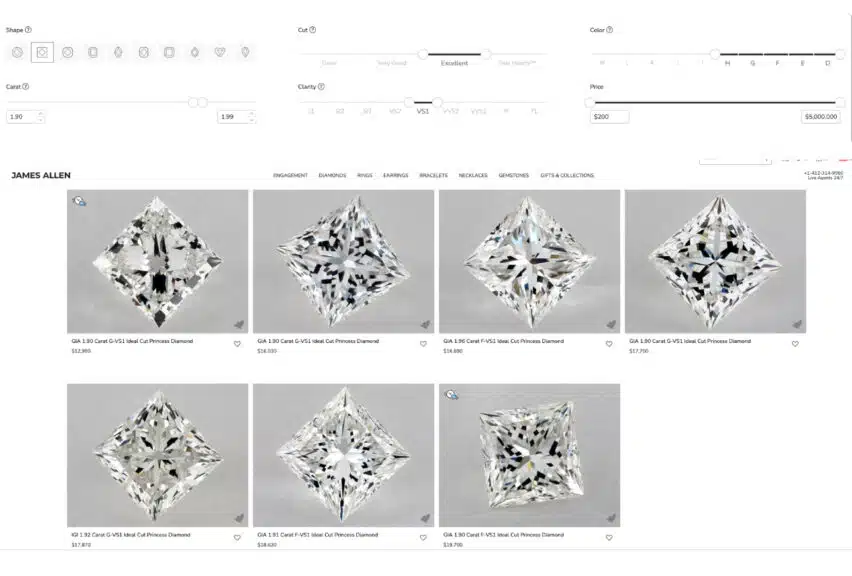 A screenshot of James Allen's diamond search results for natural princess cut diamonds between 1.90 and 1.99 carats, demonstrating the "buy shy" strategy and showing various price points for G and F color stones.