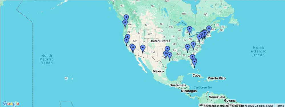 Map of all Blue Nile jewelry store locations and showrooms across the United States.