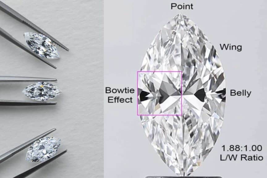 How to check a marquise diamond for the 'bow-tie effect' and poor light performance by examining the belly and length-to-width ratio (L/W Ratio).