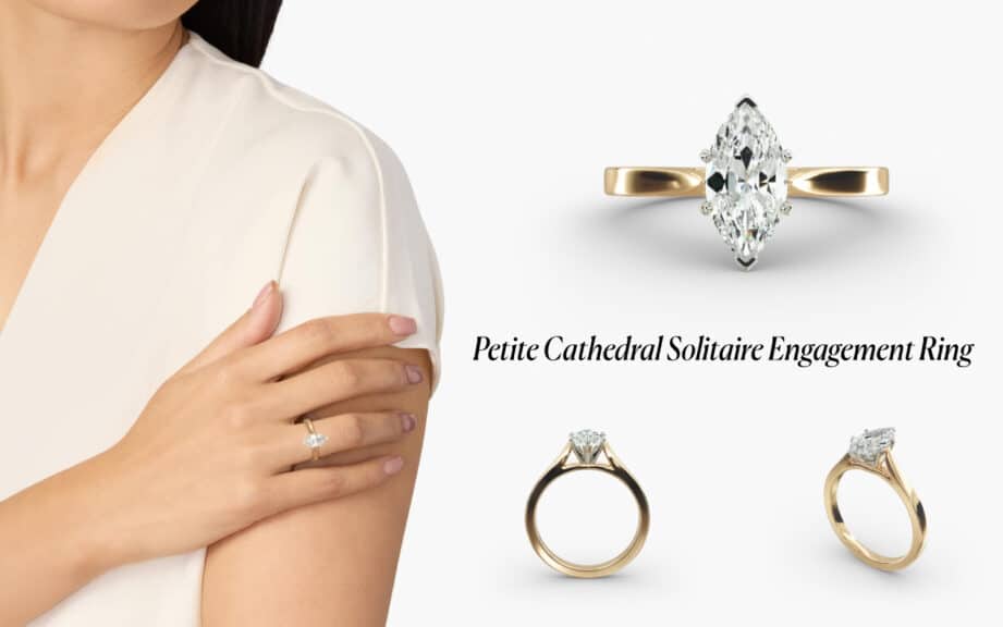 Model wearing a Marquise Cut diamond in a yellow gold Petite Cathedral Solitaire setting, a classic and elegant setting style for marquise diamonds.
