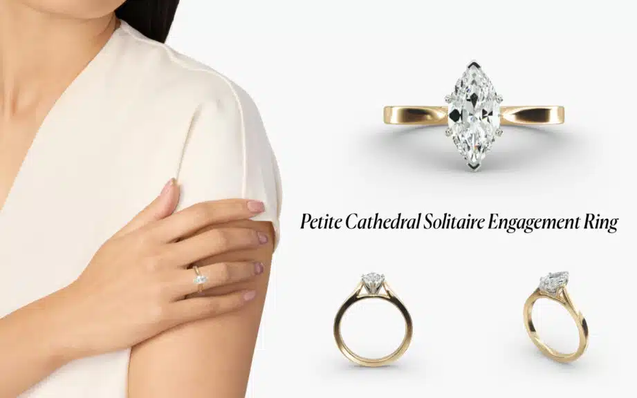 Model wearing a Marquise Cut diamond in a yellow gold Petite Cathedral Solitaire setting, a classic and elegant setting style for marquise diamonds.