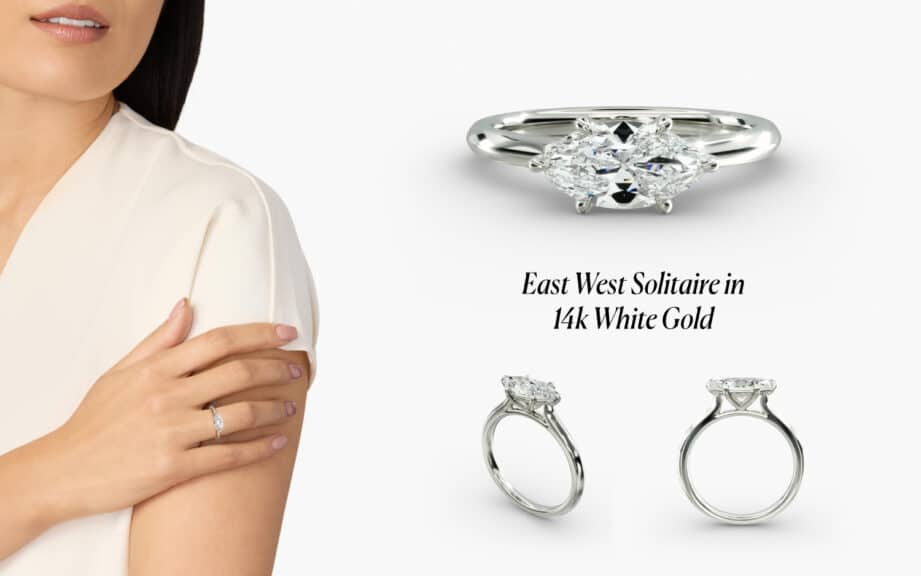 Model wearing a modern East West Solitaire engagement ring in 14k White Gold, showing the marquise diamond set horizontally across the finger for a contemporary look.