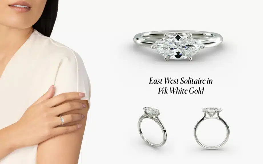 Model wearing a modern East West Solitaire engagement ring in 14k White Gold, showing the marquise diamond set horizontally across the finger for a contemporary look.