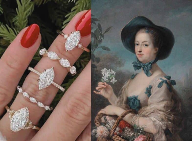 The Marquise de Pompadour portrait and marquise diamond rings, illustrating the 18th-century origin of the marquise diamond shape commissioned by King Louis XV.