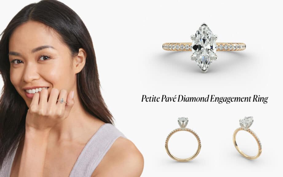 Model wearing a Marquise Cut diamond in a yellow gold Petite Pavé setting, which adds extra sparkle and fire to the finger without overshadowing the center stone.