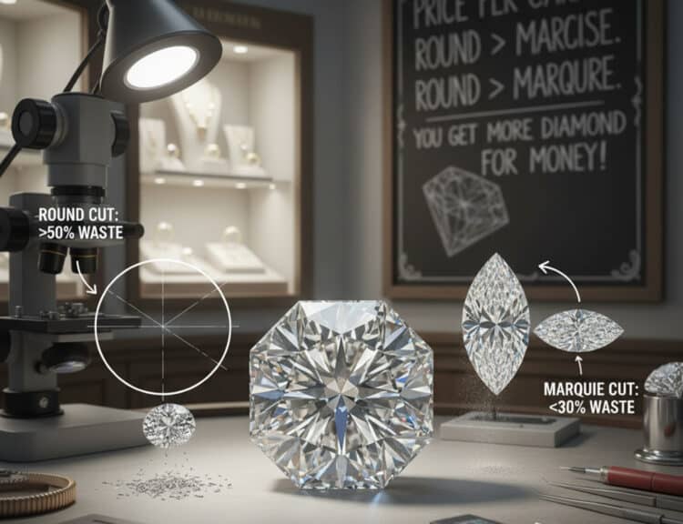 Illustration comparing diamond rough waste, showing that Round Cut diamonds have >50% waste while Marquise Cut diamonds have <30% waste, explaining why marquise costs less per carat.