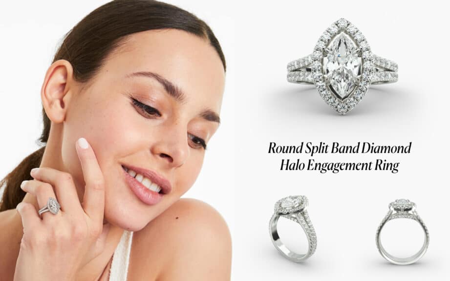 Model wearing a stunning Marquise Cut diamond in a white gold Round Split Band Diamond Halo Engagement Ring, which maximizes sparkle and finger coverage.