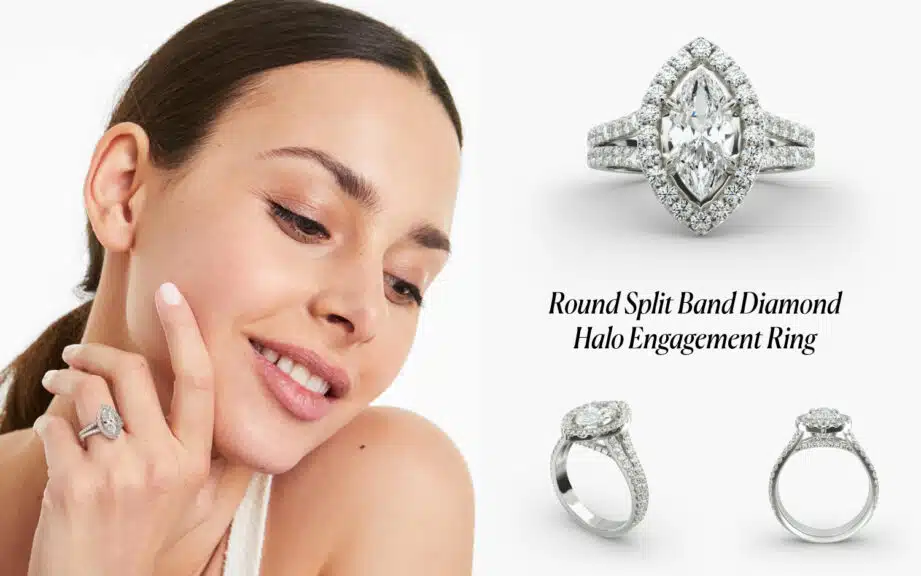 Model wearing a stunning Marquise Cut diamond in a white gold Round Split Band Diamond Halo Engagement Ring, which maximizes sparkle and finger coverage.