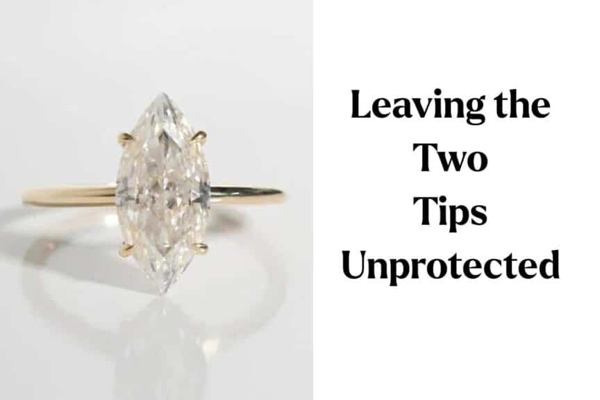 Warning: Image of a marquise cut diamond ring showing tips unprotected by V-prongs, leading to a high risk of damage and diamond chipping.