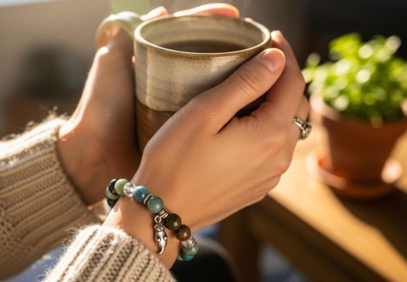 A close-up, serene photo of a person's hands wearing a chunky knit sweater and an "Otter Spirit" crystal bead bracelet. The hands are gently cupping a warm, rustic ceramic mug of steaming tea. The background is a soft-focus living space with a small green plant, all bathed in the warm glow of morning sunlight.