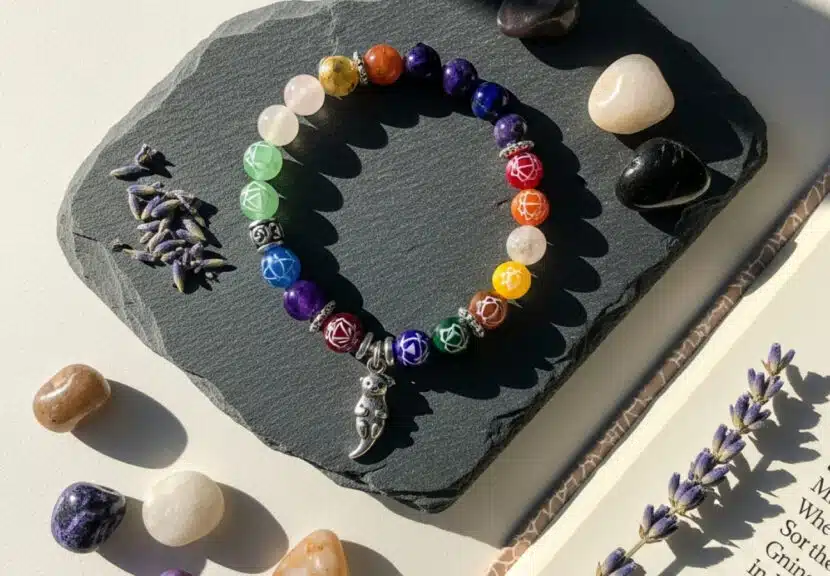 A flat-lay photo in morning light shows an Otter Spirit chakra bracelet on a natural slate. Loose, polished gemstones, a sprig of dried lavender, and the corner of an open journal are arranged around it, creating a peaceful and authentic scene with soft shadows.