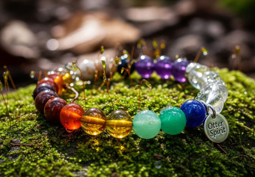 An ultra-detailed macro photograph of a multi-colored gemstone chakra bracelet resting on lush, green, dew-kissed moss. Dappled sunlight creates highlights on the polished beads and the small Otter Spirit charm. The background is a soft-focus forest floor, conveying a sense of natural energy and tranquility.