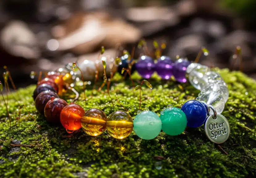 An ultra-detailed macro photograph of a multi-colored gemstone chakra bracelet resting on lush, green, dew-kissed moss. Dappled sunlight creates highlights on the polished beads and the small Otter Spirit charm. The background is a soft-focus forest floor, conveying a sense of natural energy and tranquility.