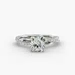 A close-up side view of a 2 carat radiant cut diamond ring, highlighting the G-VS1 clarity of the center stone and the detailed Pavé Rope setting.