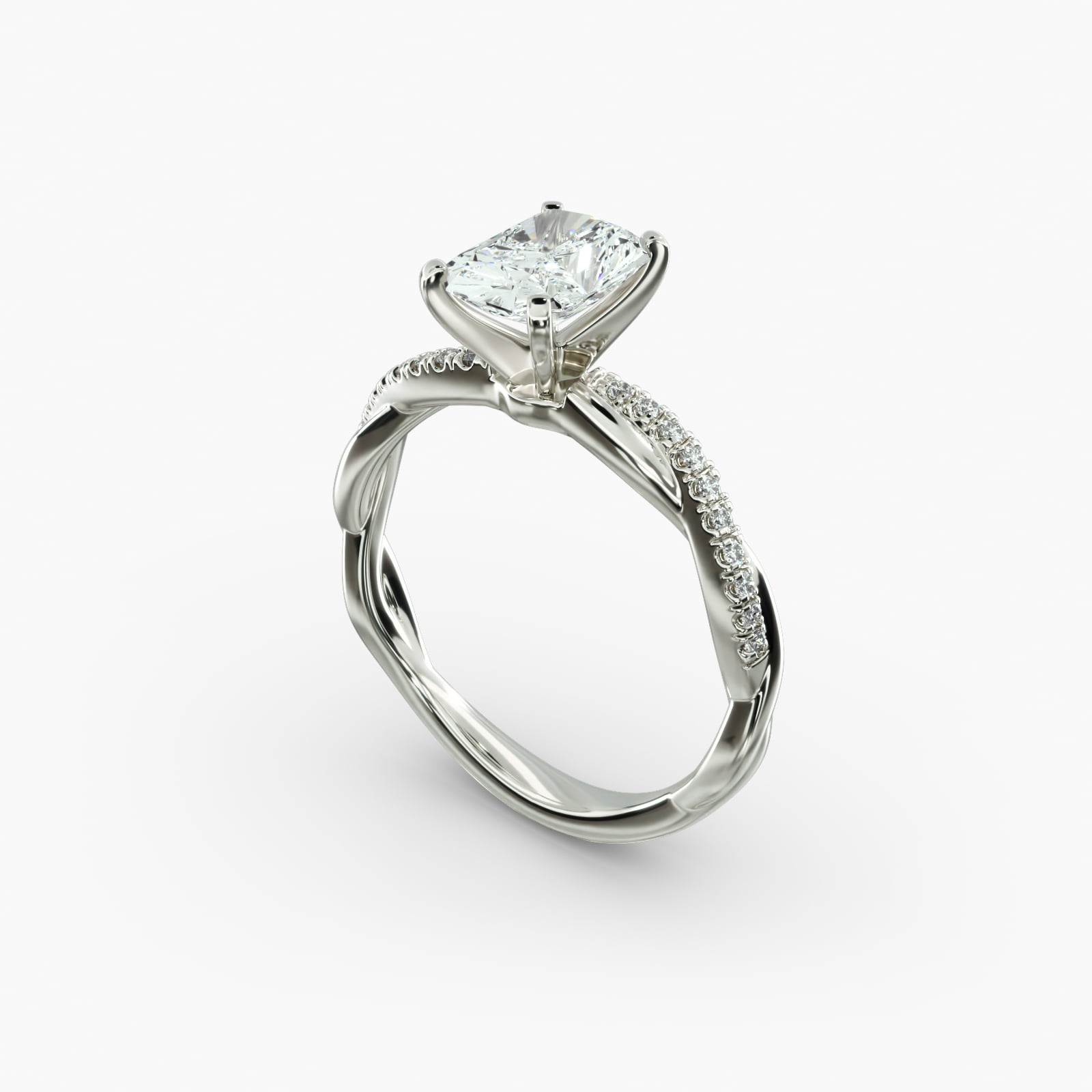 Petite Twist 2 Carat Radiant Cut Diamond Ring in 14k White Gold 2 A close-up side view of a 2 carat radiant cut diamond ring, highlighting the F-VS1 clarity of the center stone and the elegant twist setting.
