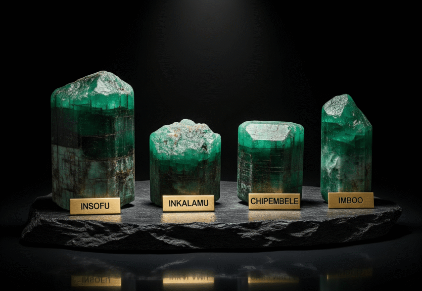 A professionally lit, studio-quality photograph showcasing four massive rough emeralds, each standing on a black slate base. From left to right, each emerald is labeled with a small gold plaque: "INSOFU," "INKALAMU," "CHIPEMBELE," and "IMBOO." A single spotlight from above illuminates the raw, crystalline structures and rich green color of the emeralds, which are perfectly reflected on the polished surface below.