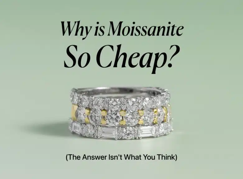 An elegant image showing three stacked rings with glittering moissanite gems on a pale green background. The top ring is a simple band of round stones, the middle ring alternates between round stones and yellow-gold sections, and the bottom ring features baguette-cut stones. The title "Why is Moissanite So Cheap?" is centered above the rings with the subtitle "(The Answer Isn't What You Think)" below them.