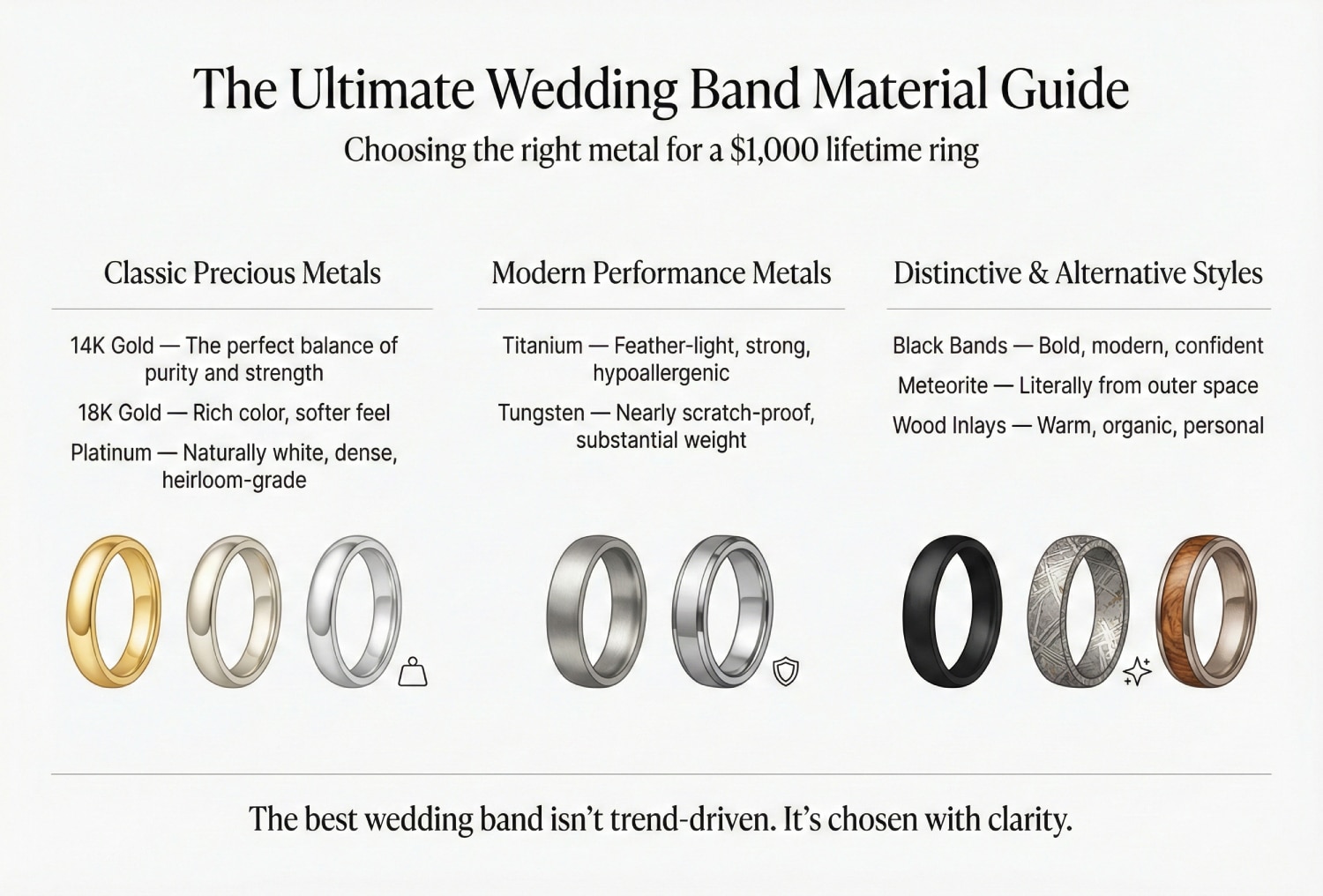 An educational infographic titled "The Ultimate Wedding Band Material Guide". It categorizes rings into three groups: 1. Classic Precious Metals (14K, 18K, Platinum), 2. Modern Performance Metals (Titanium, Tungsten), and 3. Distinctive & Alternative Styles (Black Bands, Meteorite, Wood Inlays). It concludes: "The best wedding band isn't trend-driven. It's chosen with clarity."