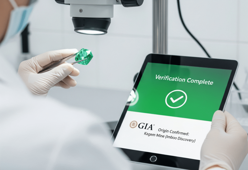A close-up shot of a gemologist in a lab coat and surgical mask, wearing gloves, as they examine a raw green emerald with tweezers under a microscope. A tablet is held in the other hand, displaying a verification screen with a large green checkmark. The screen shows the GIA logo and text that reads, "Origin Confirmed: Kagem Mine (Imboo Discovery)," indicating the gem's provenance has been officially verified.