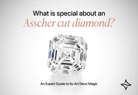 Asscher cut diamond floating on a glossy, minimalist white background under the title "What is special about an Asscher cut diamond?"