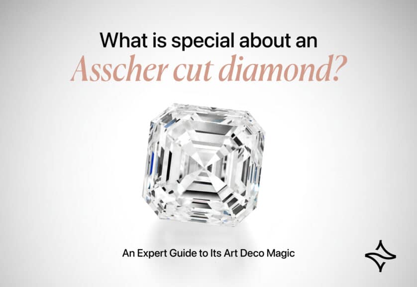 Asscher cut diamond floating on a glossy, minimalist white background under the title "What is special about an Asscher cut diamond?"