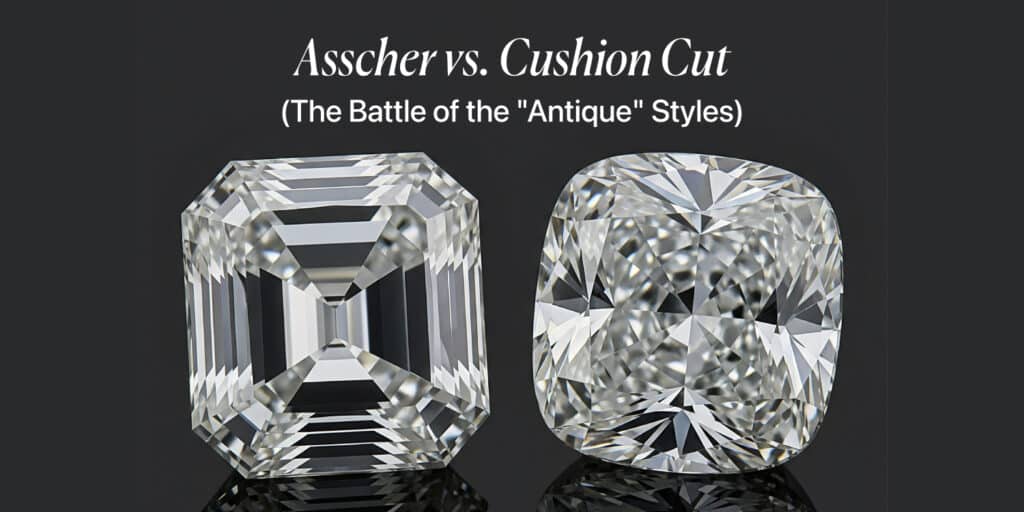 A side-by-side image comparing an Asscher cut diamond and a Cushion cut diamond, showcasing the difference between the step-cut and brilliant-cut styles.