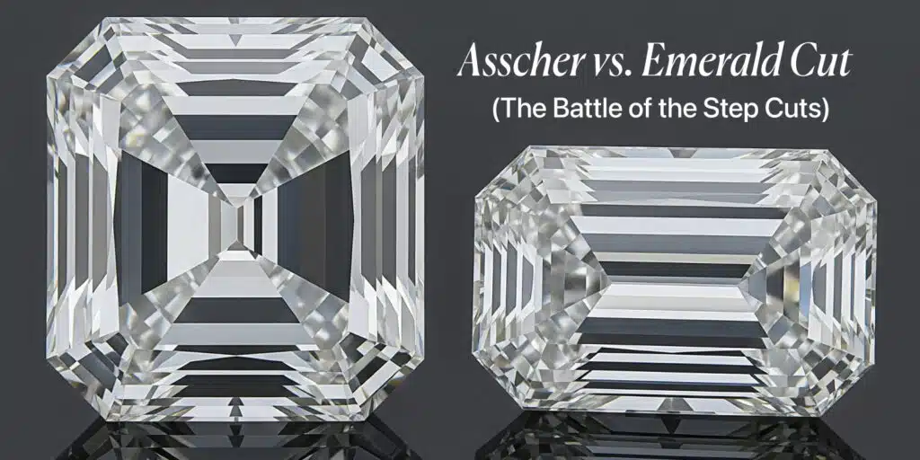 A side-by-side visual comparison of a square Asscher cut diamond and a rectangular Emerald cut diamond, highlighting the key differences between the two step-cut shapes.