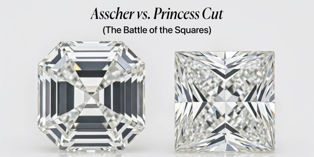 A visual comparison of two square diamonds: an Asscher cut with its step facets and cropped corners, and a Princess cut with its brilliant facets, set against a light, glossy background.