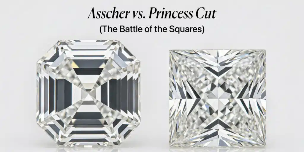 A visual comparison of two square diamonds: an Asscher cut with its step facets and cropped corners, and a Princess cut with its brilliant facets, set against a light, glossy background.