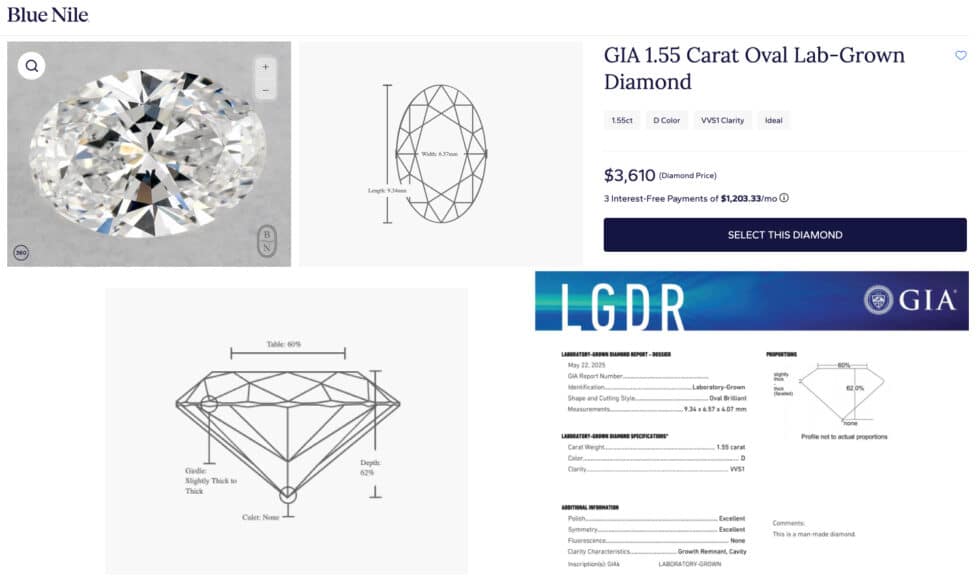 A screenshot from the Blue Nile website showing the GIA 1.55 Carat Oval Lab-Grown Diamond details and price, with its official GIA report.
