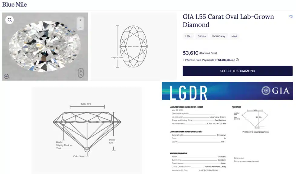 A screenshot from the Blue Nile website showing the GIA 1.55 Carat Oval Lab-Grown Diamond details and price, with its official GIA report.