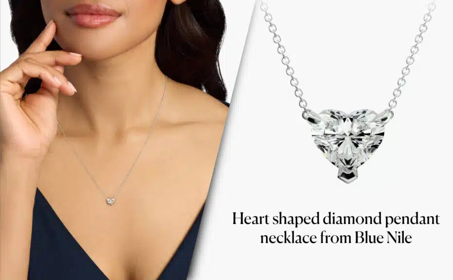 A split-screen image. On the left, a woman is wearing a delicate silver or white gold chain with a heart-shaped diamond pendant resting on her collarbone. On the right, a close-up, high-resolution shot of the heart-shaped diamond pendant shows its brilliant facets and classic three-prong setting. The necklace is a heart-shaped diamond pendant from Blue Nile.