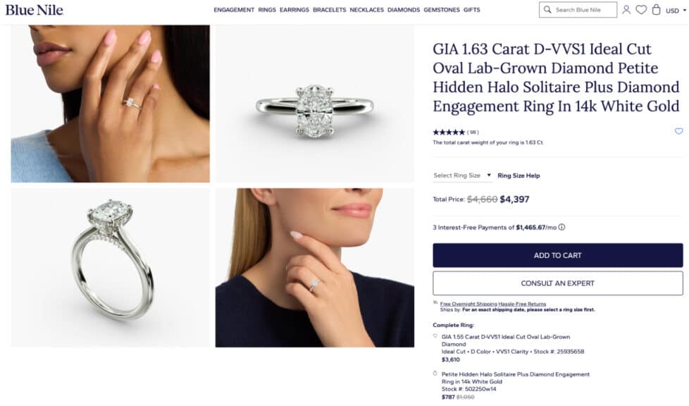 A complete view of the Blue Nile product page showing the final price for the combined oval lab-grown diamond and Petite Hidden Halo engagement ring setting.